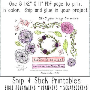 Könnte beinhalten: Druckbare PDF-Seite im Format 21,6 x 28 cm mit floralen Illustrationen und dem Text "that you may be wise, listen to counsel, receive instruction, Proverbs 19:20".