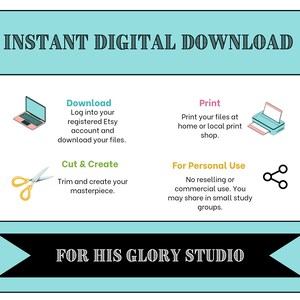 Może przedstawiać: Grafika w kolorze turkusowym i białym z tekstem "INSTANT DIGITAL DOWNLOAD" w kolorze czarnym. Grafika zawiera instrukcje dotyczące pobierania, drukowania, wycinania i tworzenia produktu cyfrowego. Grafika zawiera r&oacute;wnież informacje o użytku osobistym i udostępnianiu. Grafika zawiera tekst "FOR HIS GLORY STUDIO" w kolorze czarnym.
