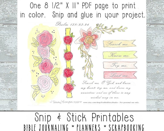 Bible Journaling Printable Snip & Stick #6 - "Psalms 139 - Search me, Oh God" Planners, Scrapbooking - watercolor, hand drawn elements