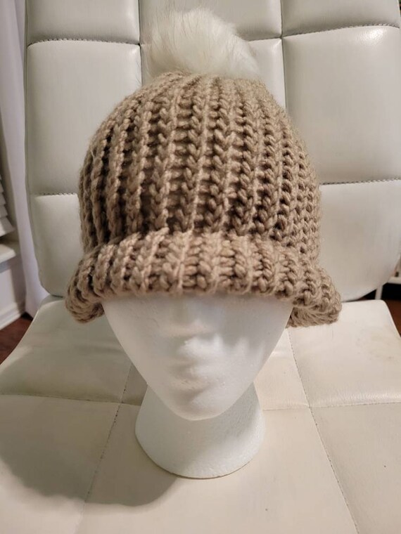 Hand Knit Tan Beanie With Removable Faux Fur White Pom Pom  display picture 1