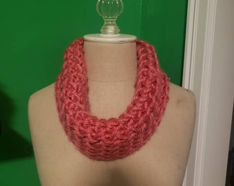 Pink hand knit infinity scarf