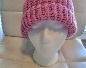 Hand knit pink beanie with grey removable faux fur pompom