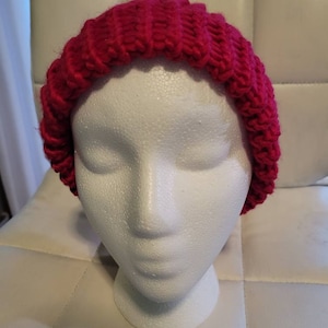 Hand knit fuchsia beanie