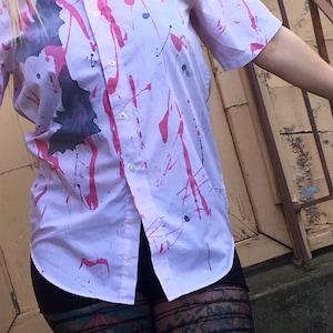 Unisex Black sabbath prince of darkness blood shirt, up cycled cotton shirt with blood splatter and band patch, heavy metal