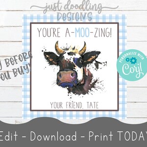 Printable Farm Valentine Cards, Cow Valentines, Farm Animal Valentines, aMOOzing Kids Valentine, Printable Valentines, Watercolor Valentines