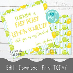 Lemon Teacher Gift Tag Thank you Staff Gift Tag Easy Peasy Lemon Squeezy DIY Sticker Printable Editable Template Teacher Appreciation Week