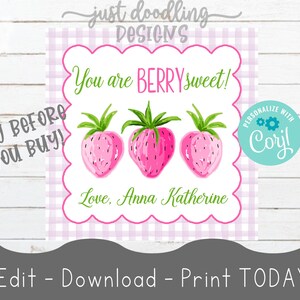 Printable Strawberry Valentine Card, So Berry Sweet Valentine Tags, Strawberry Classroom Valentines, Strawberry Valentine Card, fruit tag