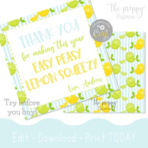 Lemon Teacher Gift Tag Thank you Staff Gift Tag Easy Peasy Lemon Squeezy DIY Sticker Printable Editable Template Teacher Appreciation Week