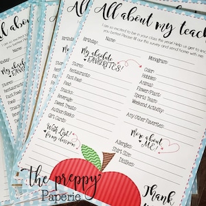 Instant Download All About My Teacher Survey- Beginning of the year questionnaire - Get to know your teacher Printable - Gift Ideas Q & A