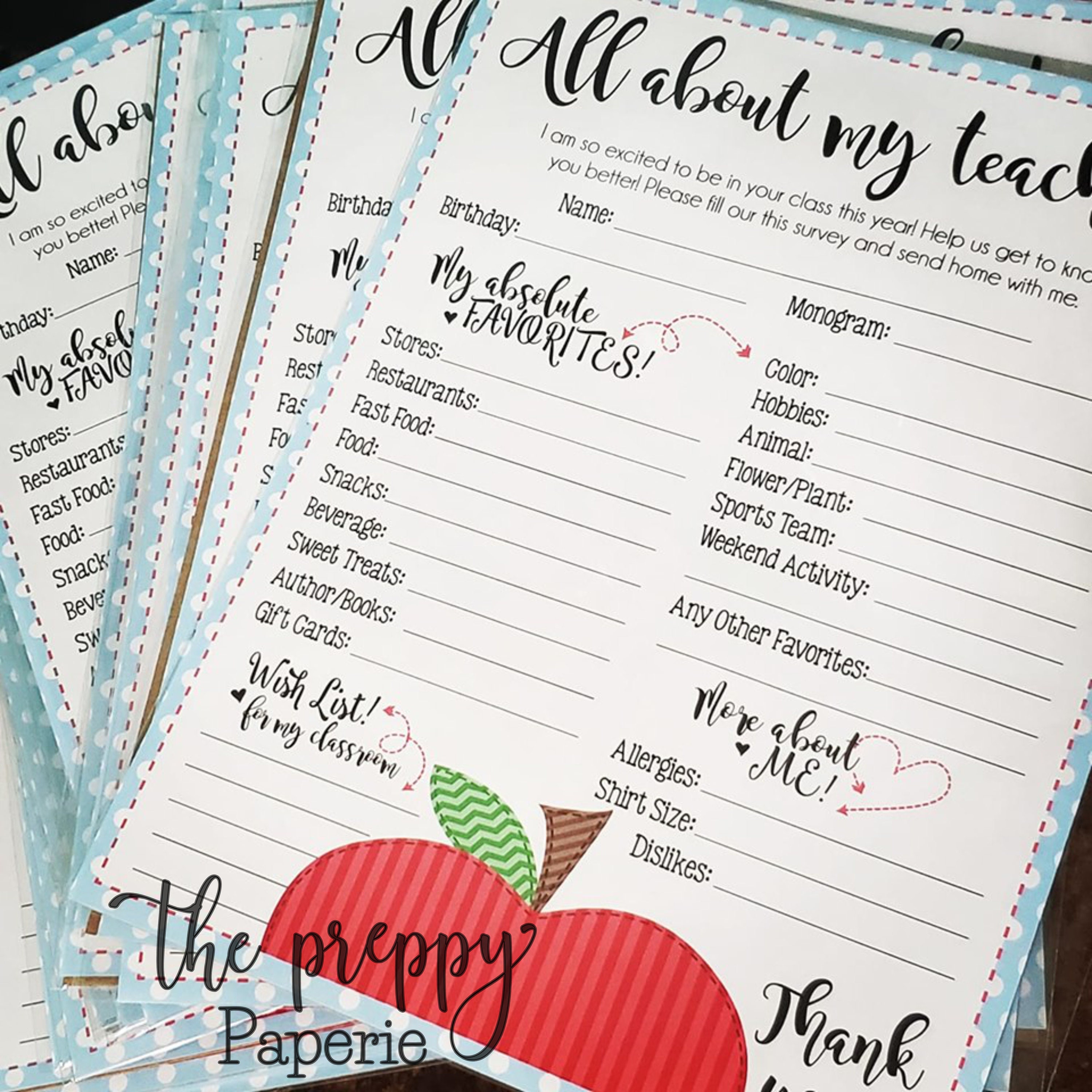Instant Download All About My Teacher Survey- Beginning of