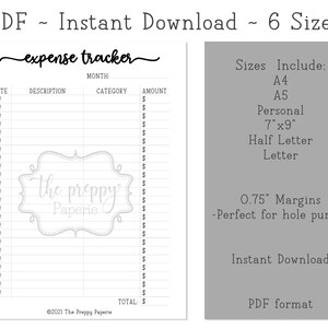 PRINTABLE Expense Tracker - PDF in sizes A4, A5, Letter, Half Letter, Personal, 7x9&quot; - Budget Planner - Business Finances - Instant Download