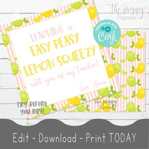 Lemon Teacher Gift Tag Thank you Staff Gift Tag Easy Peasy Lemon Squeezy DIY Sticker Printable Editable Template Teacher Appreciation Week