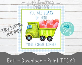 Printable Dump Truck Valentines, Construction Truck Valentines, Boy Valentines, Preschool Valentines, Kids Valentines, Toddler Valentines