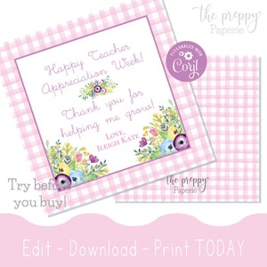 Printable Teacher Appreciation Week Gift Tag, Thank you for helping me grow, End of Year, Teacher Thank You Card, Watercolor Flower Card Tag