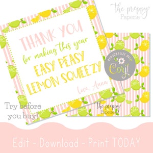 Lemon Teacher Gift Tag Thank you Staff Gift Tag Easy Peasy Lemon Squeezy DIY Sticker Printable Editable Template Teacher Appreciation Week