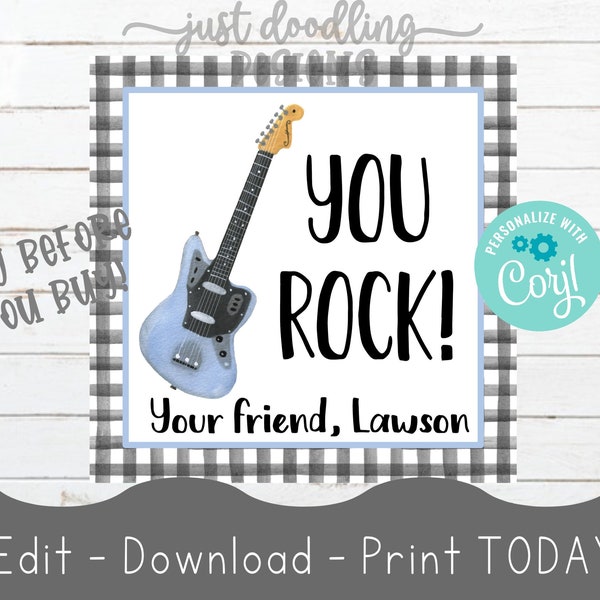 Printable Guitar Valentine Cards, Rock Star Valentine, Rocker Valentine Cards, Digital Rock Star Valentines, Music Instrument Valentines