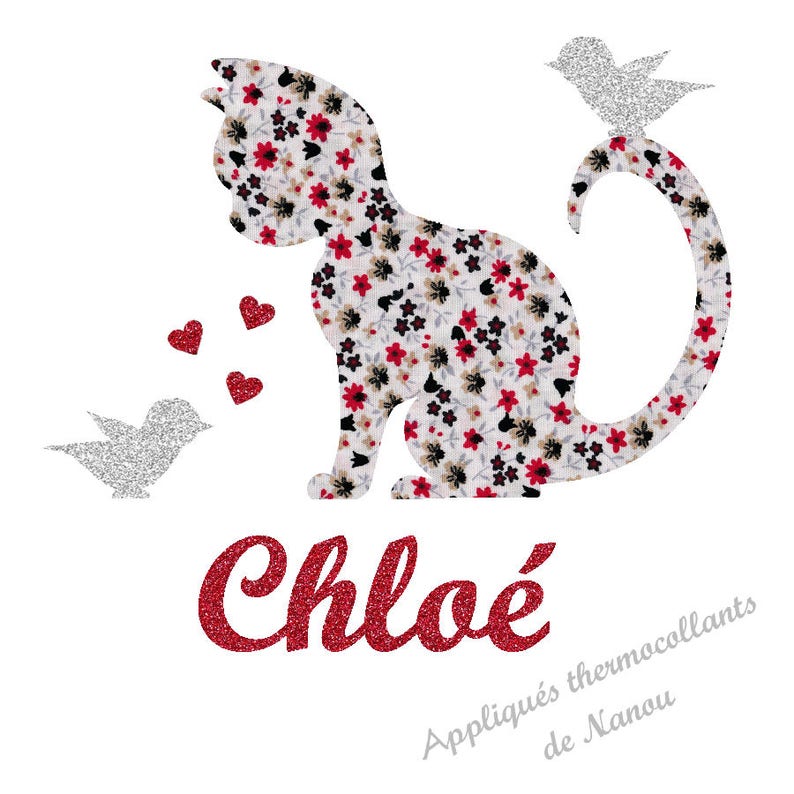 Appliqué thermocollant personnalisé chat et oiseaux liberty prénom rouge pailleté