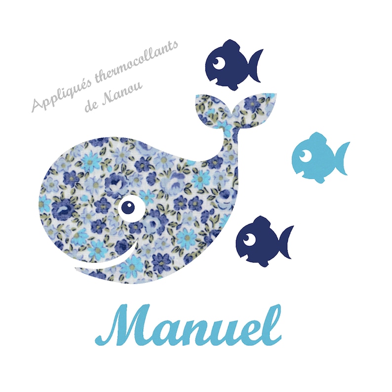 Appliqué thermocollant baleine liberty bleu et flex velours 画像 1