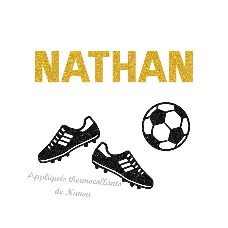 Prénom football personnalisé ballon et crampons appliqué thermocollant patch jaune pailleté