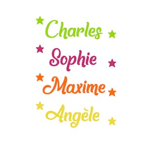 Peut inclure: Fond blanc avec les prénoms "Charles", "Sophie", "Maxime" et "Angèle" en polices cursives vives. Chaque prénom est d'une couleur différente, avec une étoile à côté. Les couleurs sont vert, rose, orange et jaune.