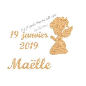 Peut inclure: Silhouette dorée d'un ange en prière avec des ailes. Le texte comprend "19 janvier 2019" et le nom "Maëlle". Les mots "Appliqués thermocollants de Nanou" sont également présents.