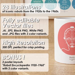 May include: A white ceramic mug featuring a red circular graphic of the robot Maria from the 1927 film Metropolis. The text below the graphic reads Maria, Metropolis, 1927. The mug is displayed alongside a digital product information overlay.