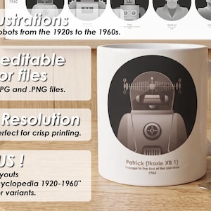 May include: A white ceramic mug featuring a circular graphic of a robot from the film Ikarie XB 1, with the text Patrick (Ikarie XB 1), Voyage to the End of the Universe, 1963 printed below the graphic on the front of the mug.