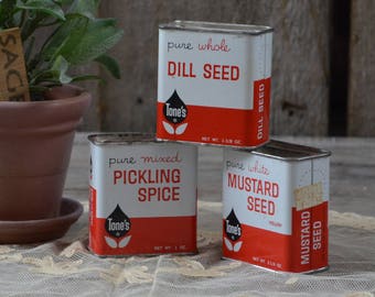 Three (3) Collectible Vintage Tone's spice tins, Dill Seed, Mustard Seed, Pickling Spice