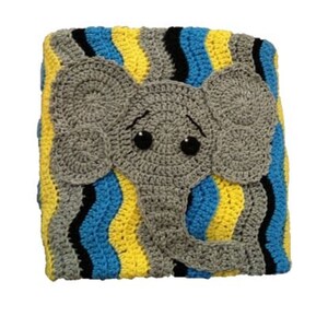 May include: A crocheted baby blanket featuring a grey elephant design. The blanket has blue, yellow and black stripes.