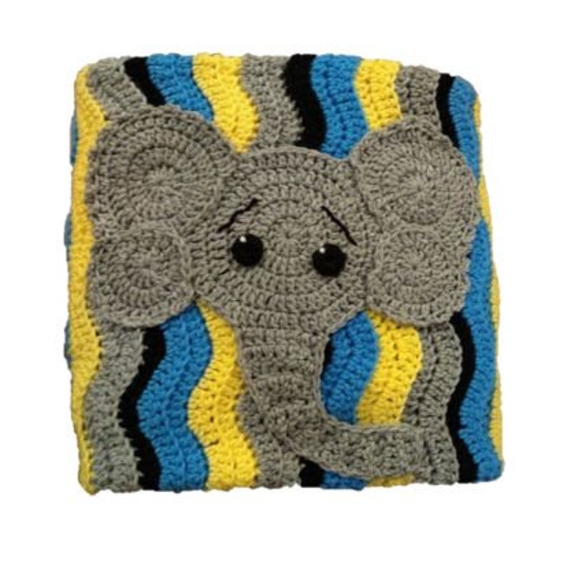 May include: A crocheted baby blanket featuring a grey elephant design. The blanket has blue, yellow and black stripes.