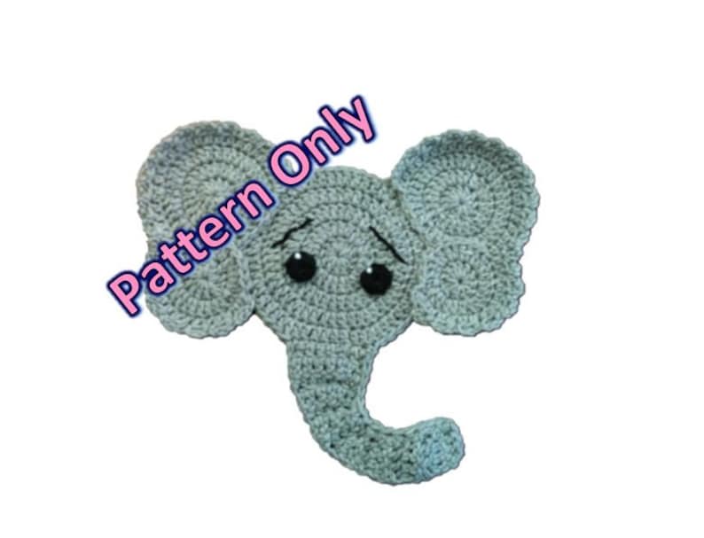 May include: Crochet pattern for a grey elephant with black eyes. The pattern is called "Pattern Only".