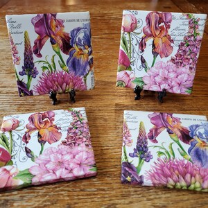 Floral Tile Coasters, Decoupage Coasters, Upcycled, Napkin Coaster, Set of 4
