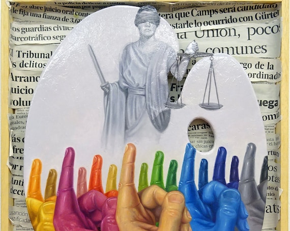 EQUALITY AND JUSTICE. Oil painting and paper on board. Contemporary art.