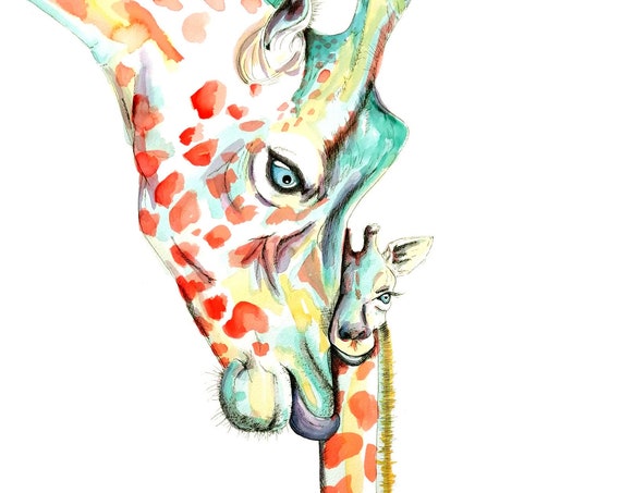 GIRAFFES. Printed drawing on high quality paper. Drawing of the collection of wild animals.