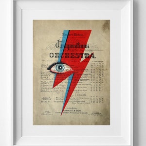 Stampa di David Bowie Lightning Bolt su spartito vintage - Ziggy Stardust Eyes Wall Art - 31,2 cm x 23,7 cm (12,28" x 9,33")