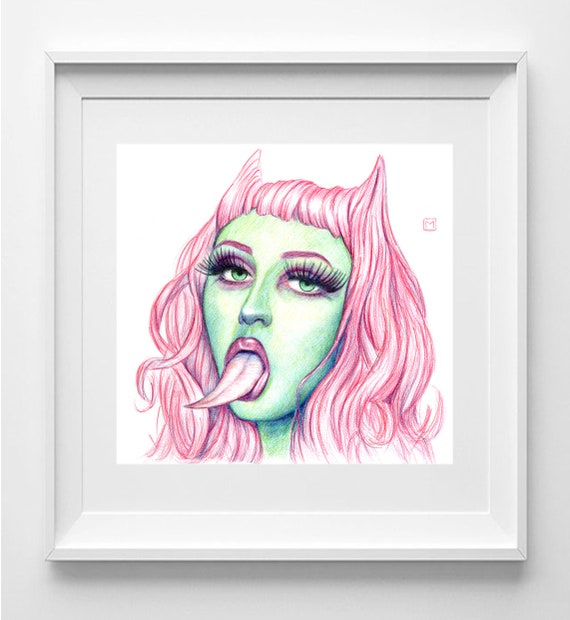 Mesmerizing Devil Girl Portrait: Realistic Colored Pencil Art, Contemporary Wall Decor 30x30cm