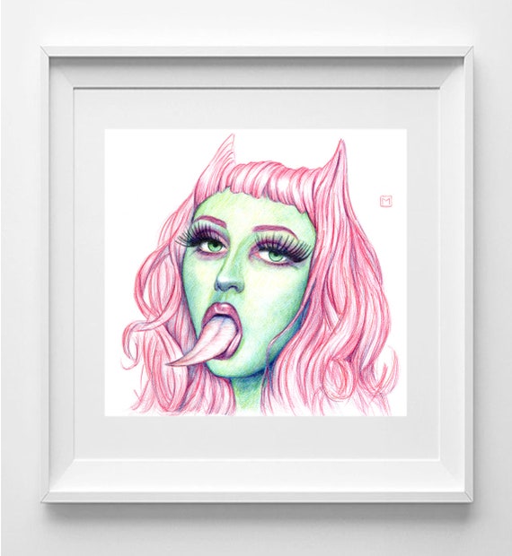 DEVIL GIRL. Drawing with colored pencils on paper, Art on paper, Realistic portrait, Contemporary art, Wall decoration