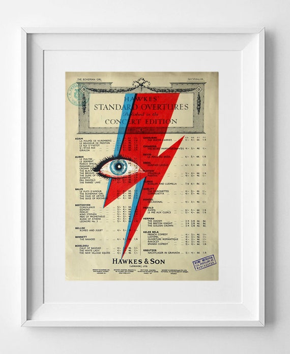 David Bowie Lightning 31.2cm x 23.7cm (12.28" x 9.33") David Bowie Eyes, Lightning Ziggy Stardust, Print on vintage sheet music, music paper art