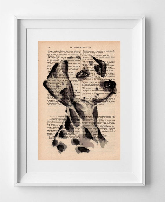 Dalmatian Dog Print on Vintage French Book Page - Original Wall Art Decor 28x19cm.