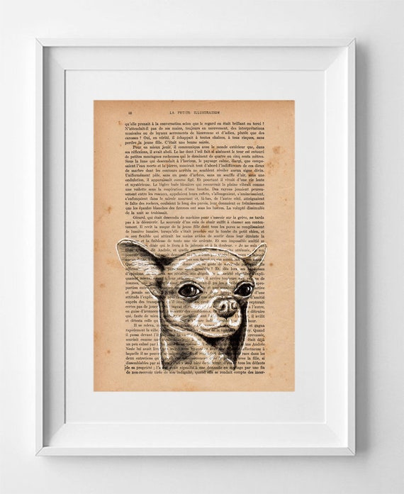 CHIHUAHUA Dog, Print on French Vintage Book Page, Artwork Printed on Book, Original Dog Drawing, Wall Decor.