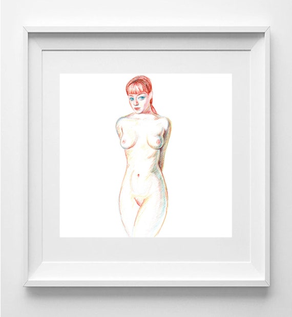 Feminine Nude Portrait: Realistic Colored Pencil Drawing, Contemporary Wall Art, 30x30cm