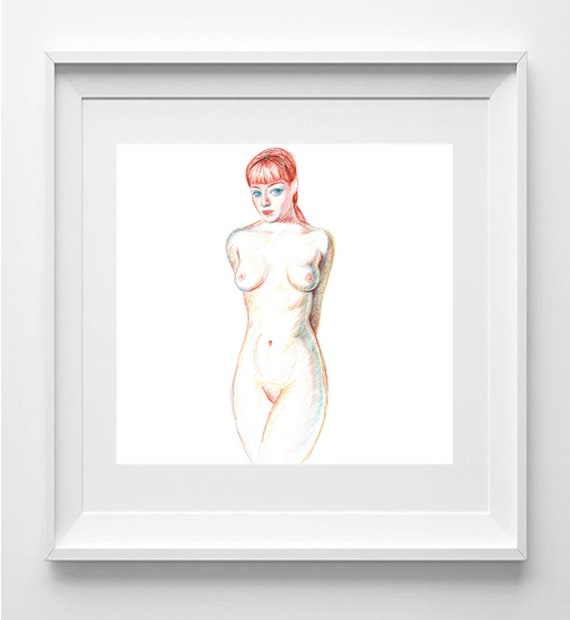 Female Nude. Drawing with colored pencils on paper, Art on paper, Realistic portrait, Contemporary art, Wall decoration