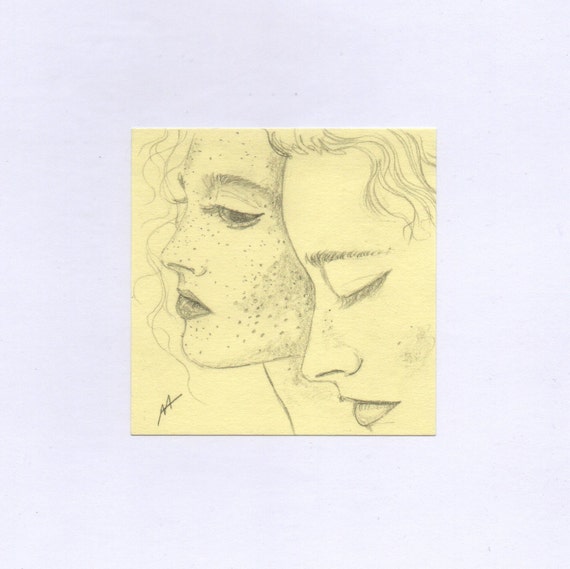 GIRL AND BOY. Pencil drawing on post-it paper.
