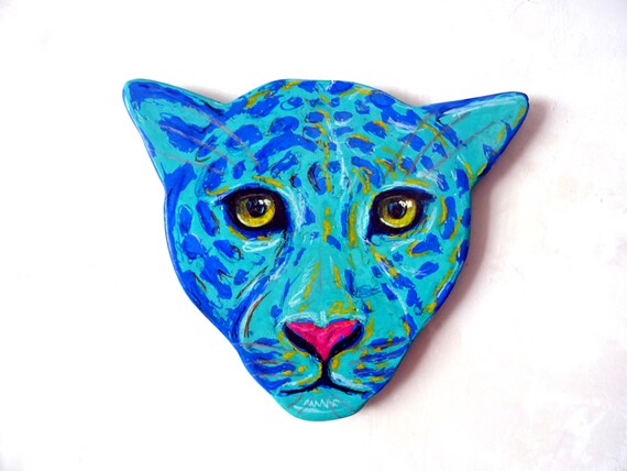 Blue Leopard Grrrrrr... Pop Art Oil Painting - Contemporary Lowbrow Figurative Portrait on Wood 26cm