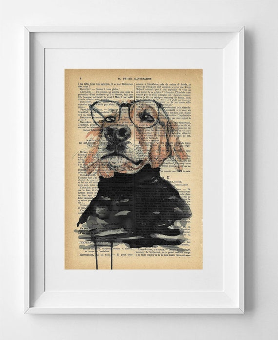 FRIENDLY DOG Mr. Smith, Print on French Vintage Book Page, Artwork Printed on Book, Original Dog Drawing, Decoration