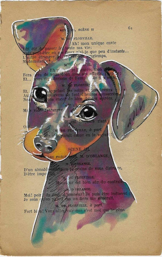 MINI PRINT friendly dog, Charming Dog Mini Print on Antique Book Page: Unique Original Artwork for Pet Lovers - 12 x 18cm.