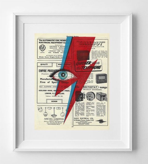 David Bowie Eyes, Lightning Ziggy Stardust, Bowie Lightning Print, Print on vintage book page, Drawing, art Printed on Book, music art