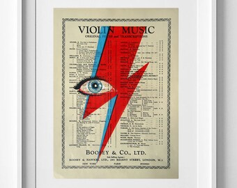 David Bowie Lightning Bolt Print on Vintage Sheet Music - Ziggy Stardust Eyes Wall Art - 31.2cm x 23.7cm (12.28&quot; x 9.33&quot;)