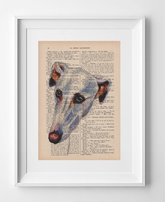 English Greyhound Dog, Print on French Vintage Book Page, Artwork Printed on Book, Original Dog Drawing, Decoration.