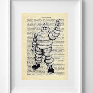 Vintage Bibendum Michelin Druck – handgezeichnete Werbekunst auf Buchpapier – 28 cm x 19 cm